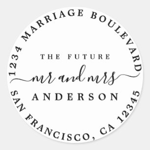 Chic Script Future Mr Mrs Return Address White Classic Round Sticker