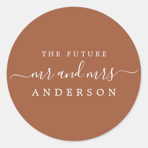 Chic Script Future Mr Mrs TerraCotta Wedding Classic Round Sticker