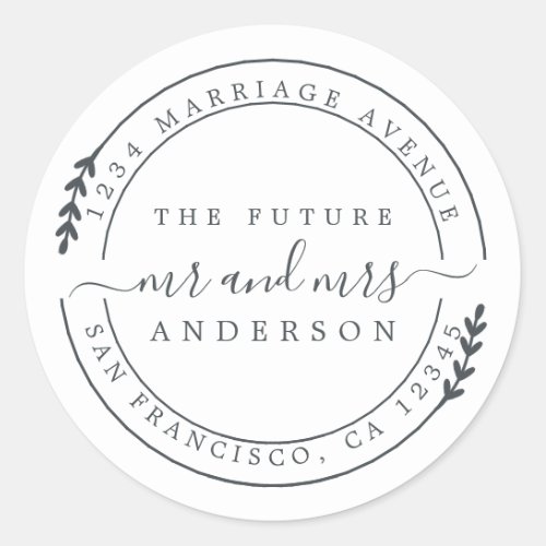 Chic Script Future Mr Mrs Wedding Return Address   Classic Round Sticker
