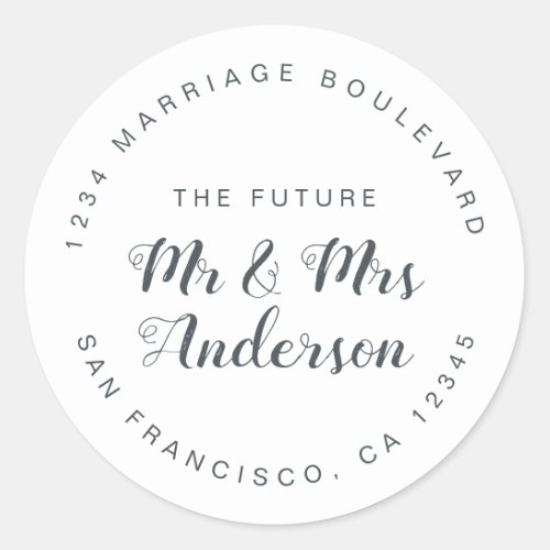 Chic Script Future Mr Mrs Wedding Return Address Classic Round Sticker