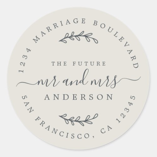 Chic Script Future Mr Mrs Wedding Return Address Classic Round Sticker