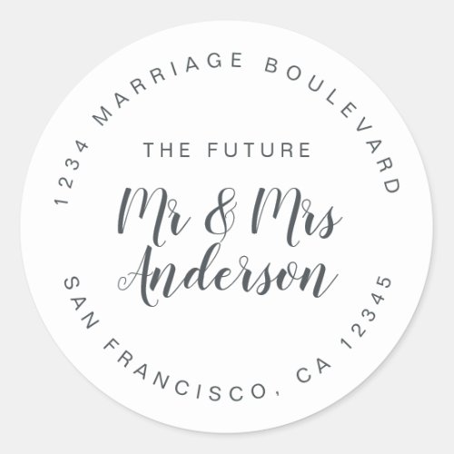 Chic Script Future Mr Mrs Wedding Return Address Classic Round Sticker