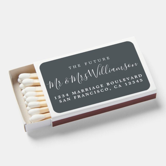 Chic Script Future Mr Mrs Wedding Return Address Matchboxes (Front Open)