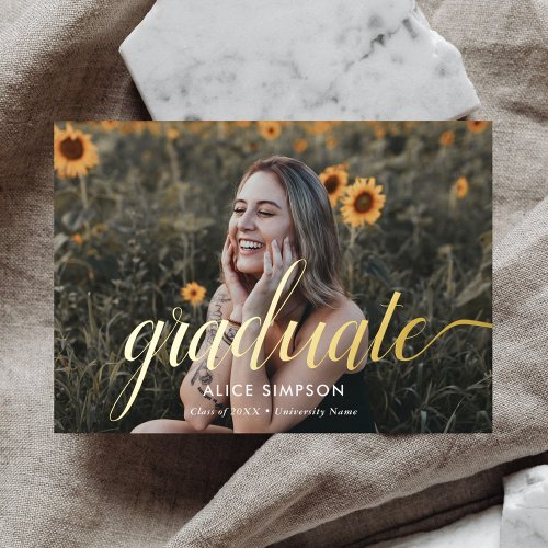 Chic Script Girly Photo Graduation Foil Invitation