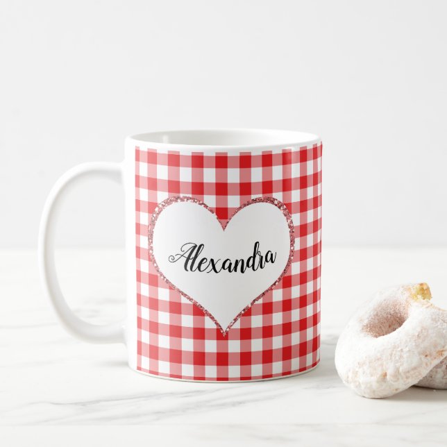 Chic Script Girly Red White Gingham Custom Name Coffee Mug (With Donut)