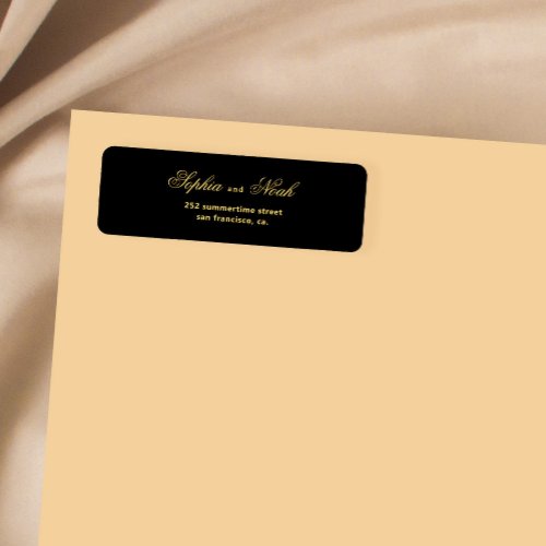 Chic script gold black wedding return address label