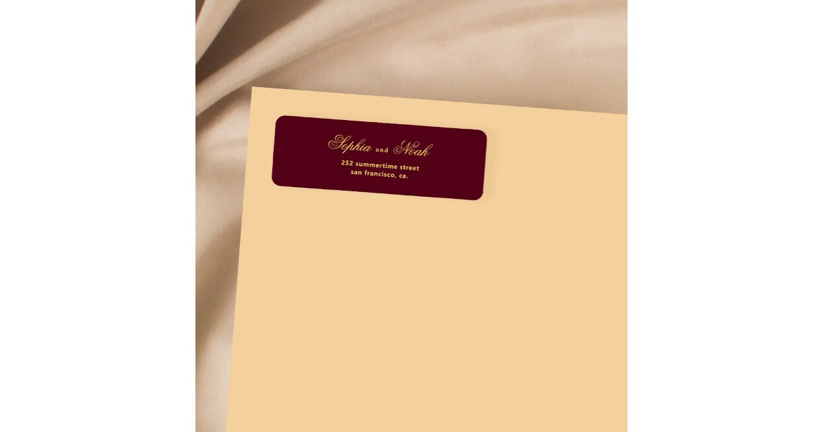 Chic script gold burgundy wedding return address label | Zazzle
