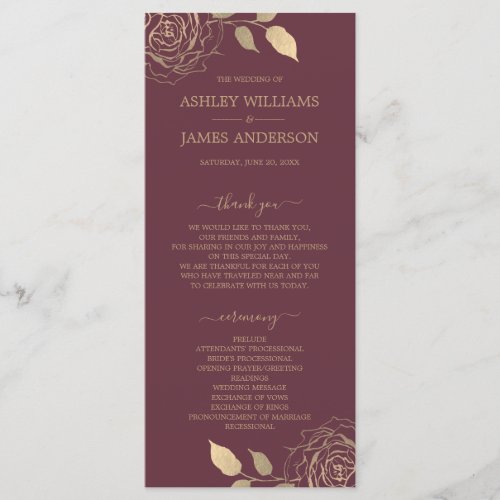 Chic Script Gold Floral Rose Burgundy Wedding Program