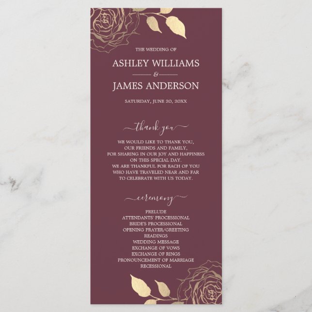 Chic Script Gold Floral Rose Burgundy Wedding Program (Front)