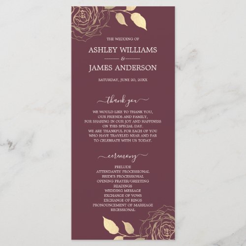 Chic Script Gold Floral Rose Burgundy Wedding Program