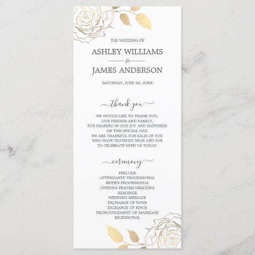 Chic Script Gold Floral Rose Simple Wedding Program