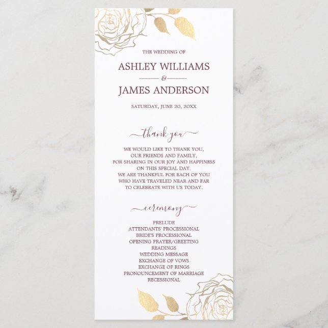 Chic Script Gold Floral Rose Simple Wedding Program (Front)