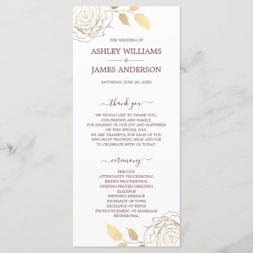 Chic Script Gold Floral Rose Simple Wedding Program