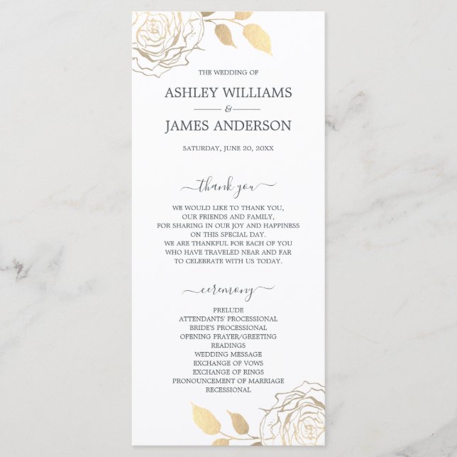 Chic Script Gold Floral Rose Wedding Program (Front)