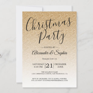 Chic Script Gold Glitter Ombre Christmas Party Invitation