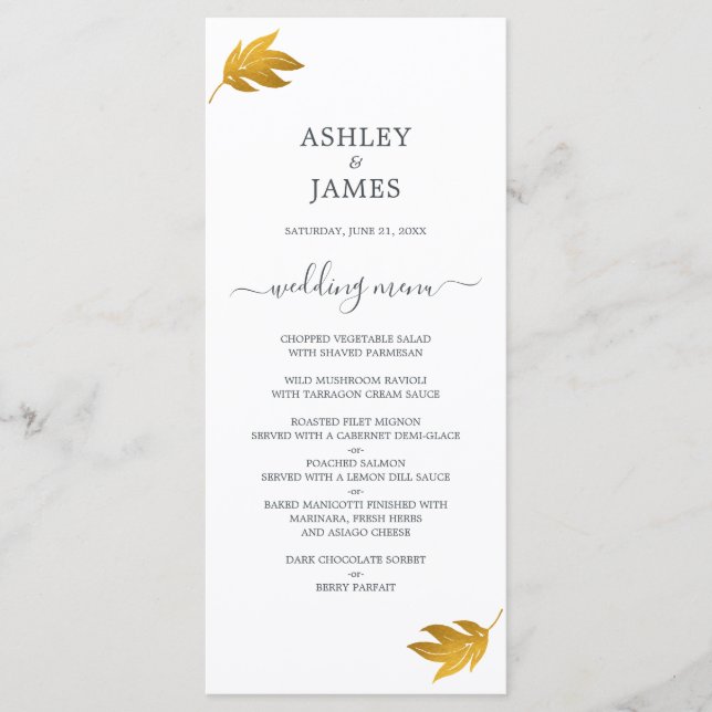 Chic Script Gold Leaf Minimal Wedding Menu (Front)