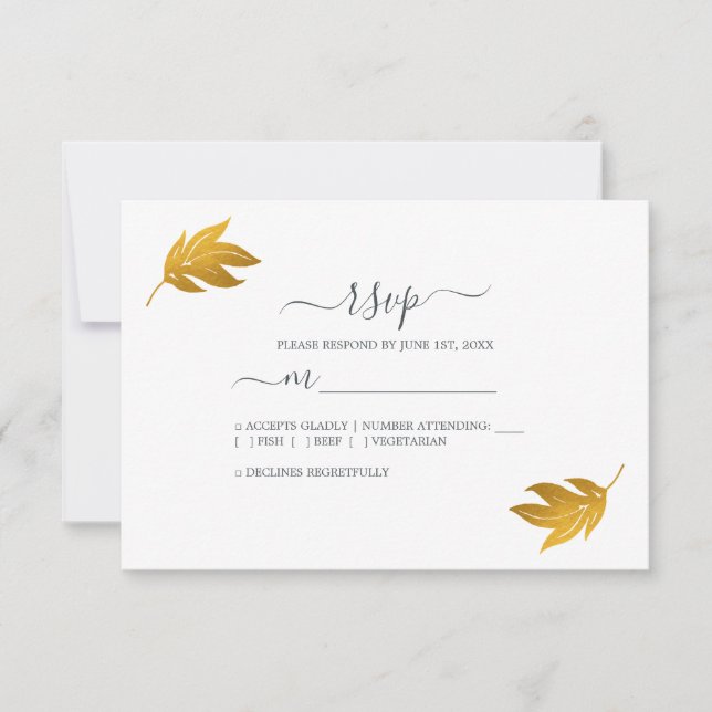 Chic Script Gold Leaf Simple Wedding RSVP Card (Front)