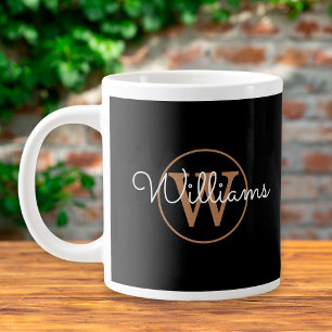 Chic Script Gold Monogram Black Personalized Giant Coffee Mug