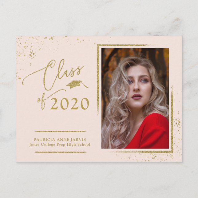 Chic Script Grad Announcement Festive Gold Glitter Postcard (Front)