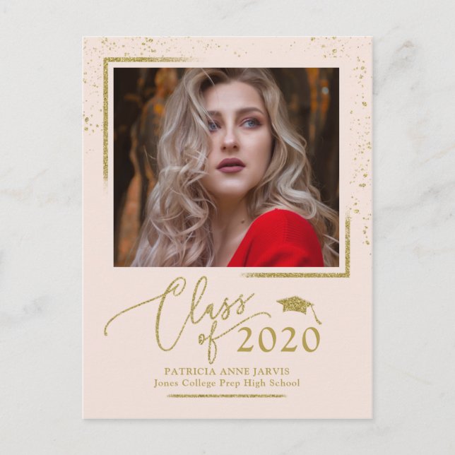 Chic Script Grad Announcement Festive Gold Glitter Postcard (Front)