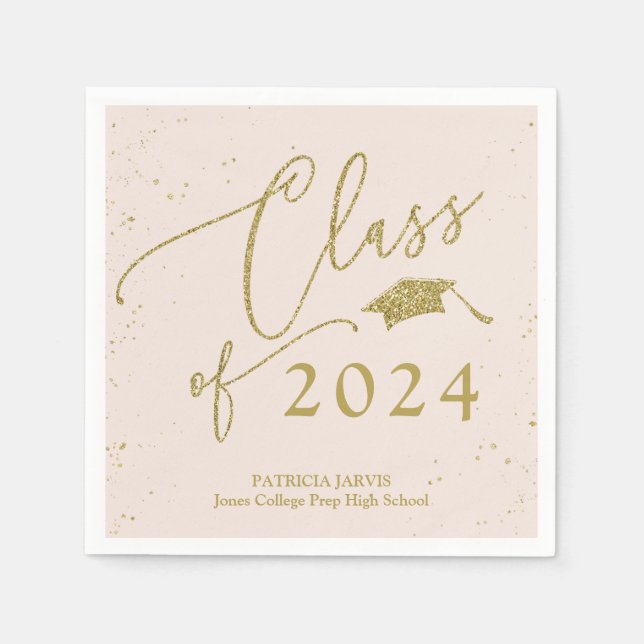 Chic Script Grad Announcement Gold Glitter Napkins (Front)