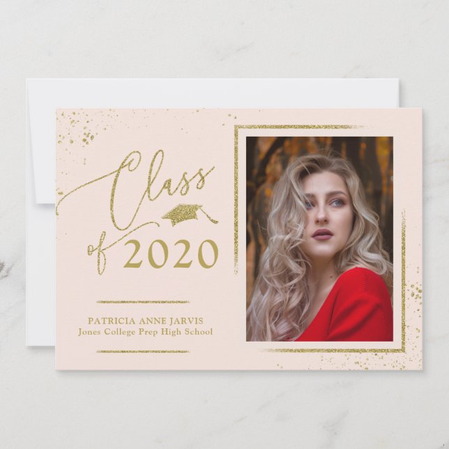 Chic Script Grad Announcement Gold Glitter Photo (Front)