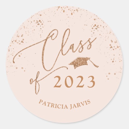 Chic Script Graduation Festive Rose Gold Glitter Classic Round Sticker