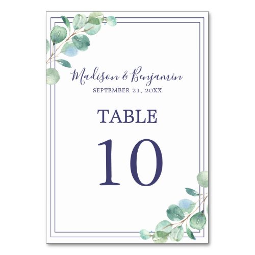 Chic Script Green Foliage Navy Blue Border Wedding Table Number