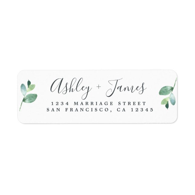 Chic Script Green Foliage Wedding Return Address Label (Front)
