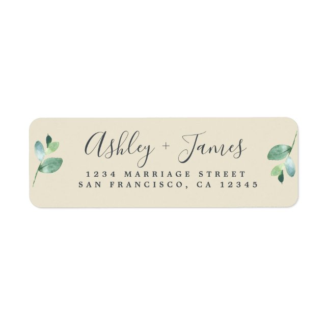 Chic Script Green Foliage Wedding Return Address Label (Front)