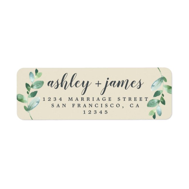 Chic Script Green Foliage Wedding Return Address   Label (Front)