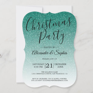Chic Script Green Glitter Ombre Christmas Party In Invitation