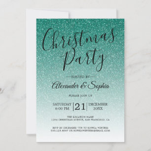Chic Script Green Glitter Ombre Christmas Party Invitation