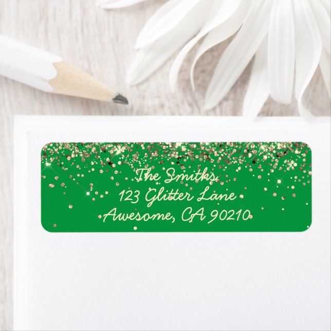 Chic Script Green Glitter Wedding Return Address Label (Insitu)