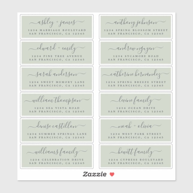 Chic Script Green Wedding Guest Address Labels (Sheet)