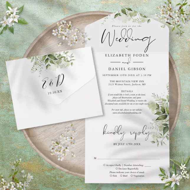 Chic Script Greenery Floral Details RSVP Wedding All In One Invitation ...