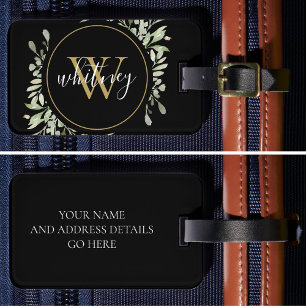 Chic Script Greenery Gold Monogram Black Luggage Tag