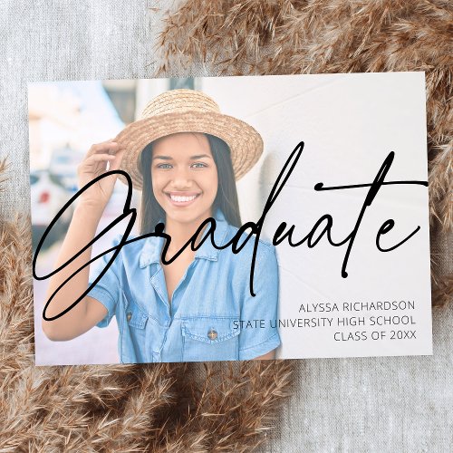  Chic Script H Photo Graduation Party White Invitation