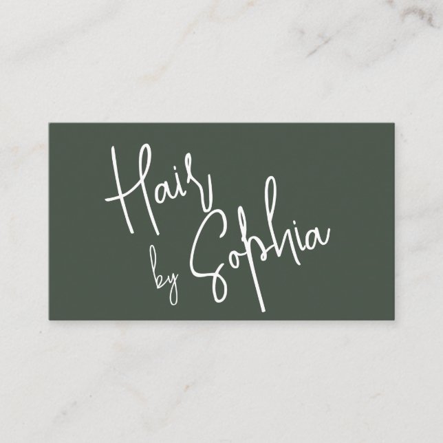 Chic Script Hair Stylist Green Business Card (Front)