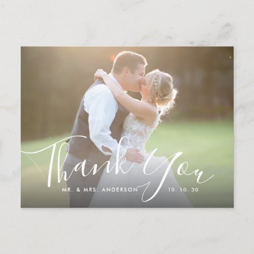 Chic Script Hand Lettered Photo Wedding Thank You Postcard