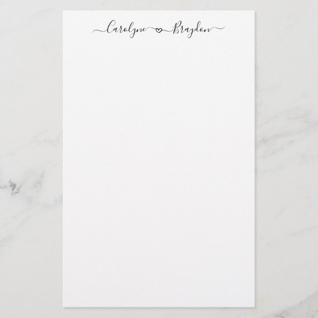 Chic Script Heart Couple Name Wedding Newlywed Stationery (Front)