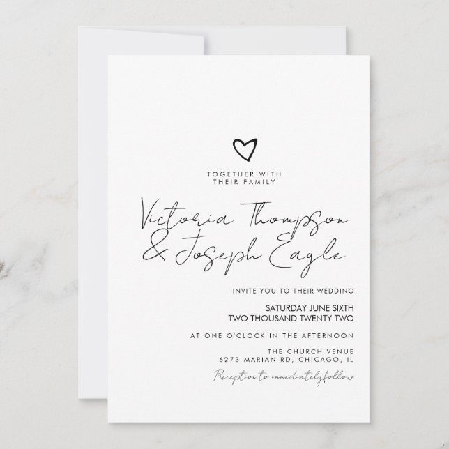 Chic Script Heart Slanted Black White Wedding   Invitation (Front)