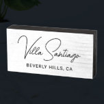 Chic Script Home Residence Name Monogram Wooden Box Sign<br><div class="desc">Part of the Modern Script Custom House Name Decor collection, this chic distressed white wooden box sign features a personalized residence name in elegant calligraphy script with a custom location line below. The monogram-style design centers the custom name as the primary element — perfect for a home, villa, vacation rental,...</div>
