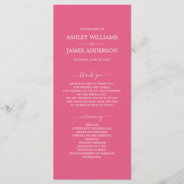 Chic Script Hot Pink Simple Minimal Wedding Program (Front)