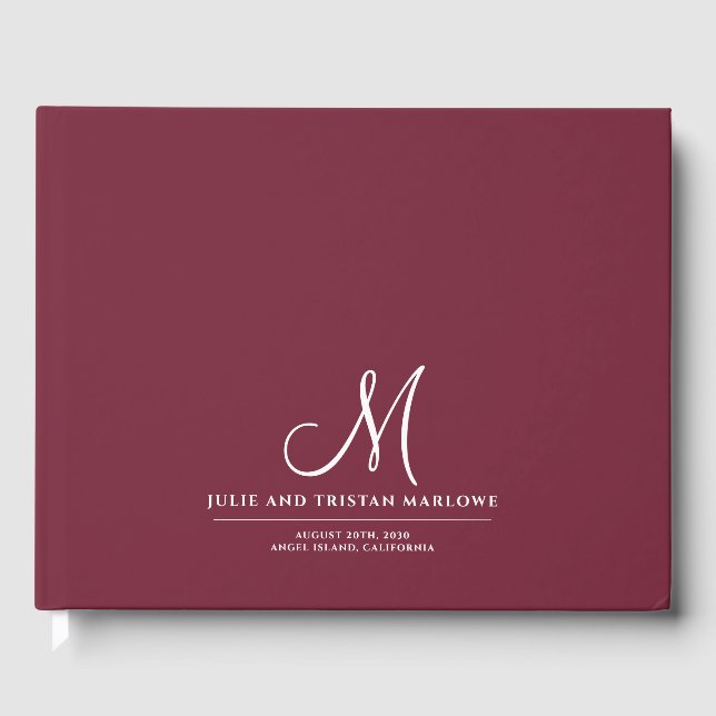 Chic Script Initial Wedding Monogram Burgundy Guest Book (Front)