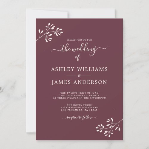 Chic Script Ivory Foliage Burgundy Wedding Invitation