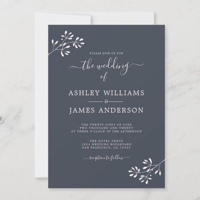 Chic Script Ivory Foliage Dark Blue Wedding Invitation (Front)