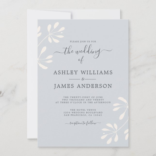 Chic Script Ivory Foliage Pastel Blue Wedding Invitation (Front)