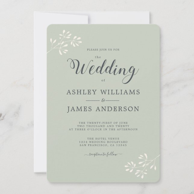 Chic Script Ivory Foliage Pastel Green Wedding Invitation (Front)