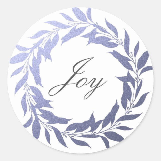 Chic Script Joy Blue Foil Wreath Christmas Classic Round Sticker (Front)